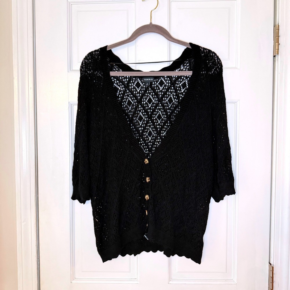 Torrid Cardigan Womens 2 Black Pointelle Open Knit Button Front Scallop Boho 2X